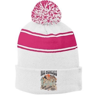 Boho Christian Jesus Faith Based His Mercies Are New Stripe Pom Pom Beanie