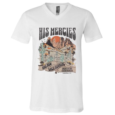 Boho Christian Jesus Apparel Faith Based His Mercies Are New V-Neck T-Shirt