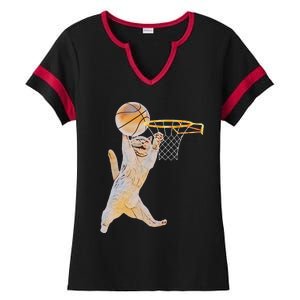 Basketball Cat Jump Shot Funny Cat Sports Fan Pet Lovers Ladies Halftime Notch Neck Tee