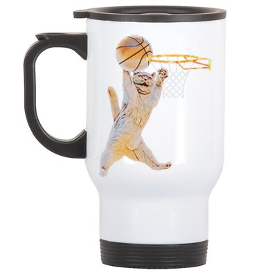 Basketball Cat Jump Shot Funny Cat Sports Fan Pet Lovers Stainless Steel Travel Mug