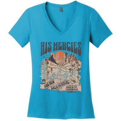 Boho Christian Jesus Apparel Faith Based His Mercies Are New Women's V-Neck T-Shirt