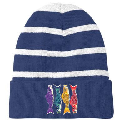 Bright Colorful Japanese Koi Carp Fish Striped Beanie with Solid Band