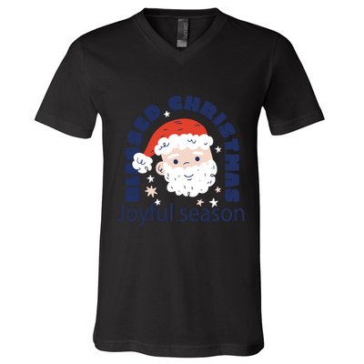 Blessed Christmas Joyful Season Santa Claus V-Neck T-Shirt