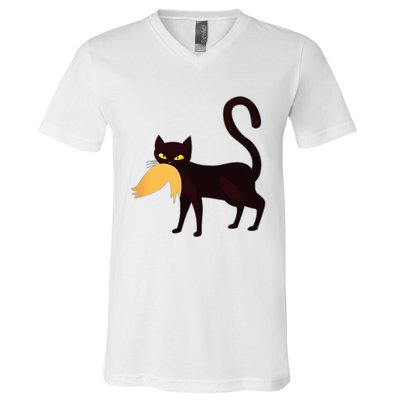 Black Cat Kamala Harris With Trump Hair Sarcastic Anti Trump V-Neck T-Shirt