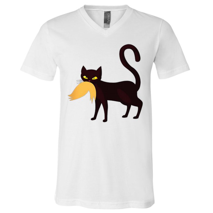 Black Cat Kamala Harris With Trump Hair Sarcastic Anti Trump V-Neck T-Shirt