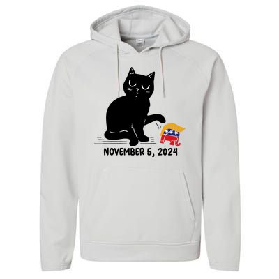 Black Cat Knock Over Trump Elephant Hair 2024 November 5th Performance Fleece Hoodie