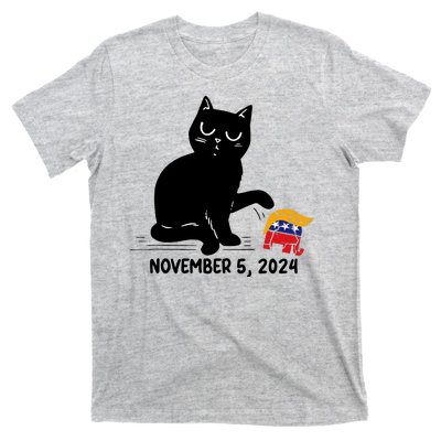 Black Cat Knock Over Trump Elephant Hair 2024 November 5th T-Shirt