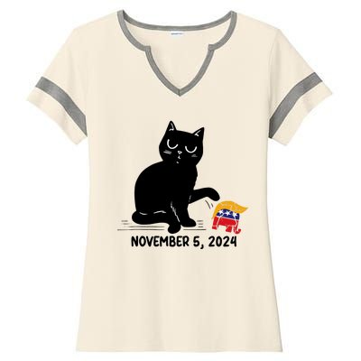 Black Cat Knock Over Trump Elephant Hair 2024 November 5th Ladies Halftime Notch Neck Tee