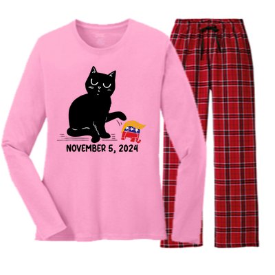 Black Cat Knock Over Trump Elephant Hair 2024 November 5th Women's Long Sleeve Flannel Pajama Set 