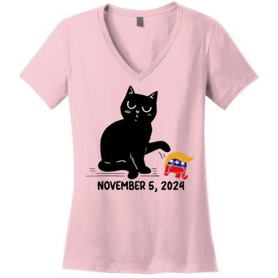 Black Cat Knock Over Trump Elephant Hair 2024 November 5th Women's V-Neck T-Shirt