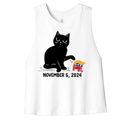 Black Cat Knock Over Trump Elephant Hair 2024 November 5th Women's Racerback Cropped Tank