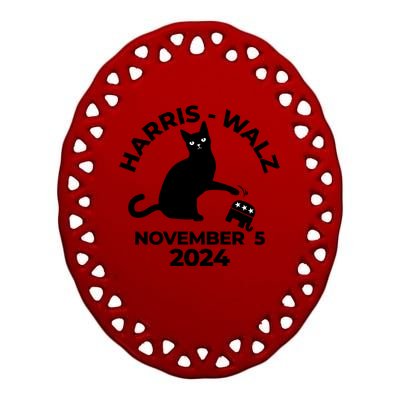 Black Cat Knock Trump Elephant Harris Walz November 5th 2024 Ceramic Oval Ornament