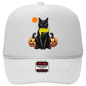 Black Cat Kamala Harris Halloween Trump Hair Sarcastic High Crown Mesh Back Trucker Hat