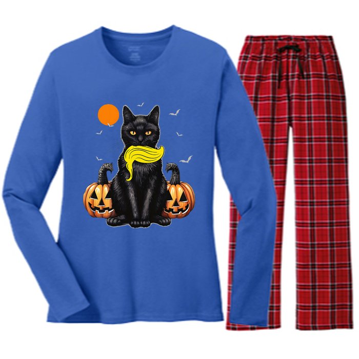 Black Cat Kamala Harris Halloween Trump Hair Women's Long Sleeve Flannel Pajama Set 