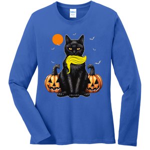 Black Cat Kamala Harris Halloween Trump Hair Ladies Long Sleeve Shirt