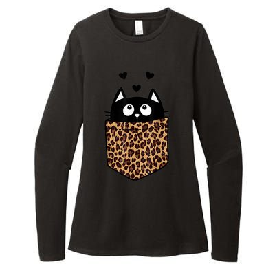 Black Cat Kitty In Leopard Pocket Halloween Costume Girl Boy Womens CVC Long Sleeve Shirt