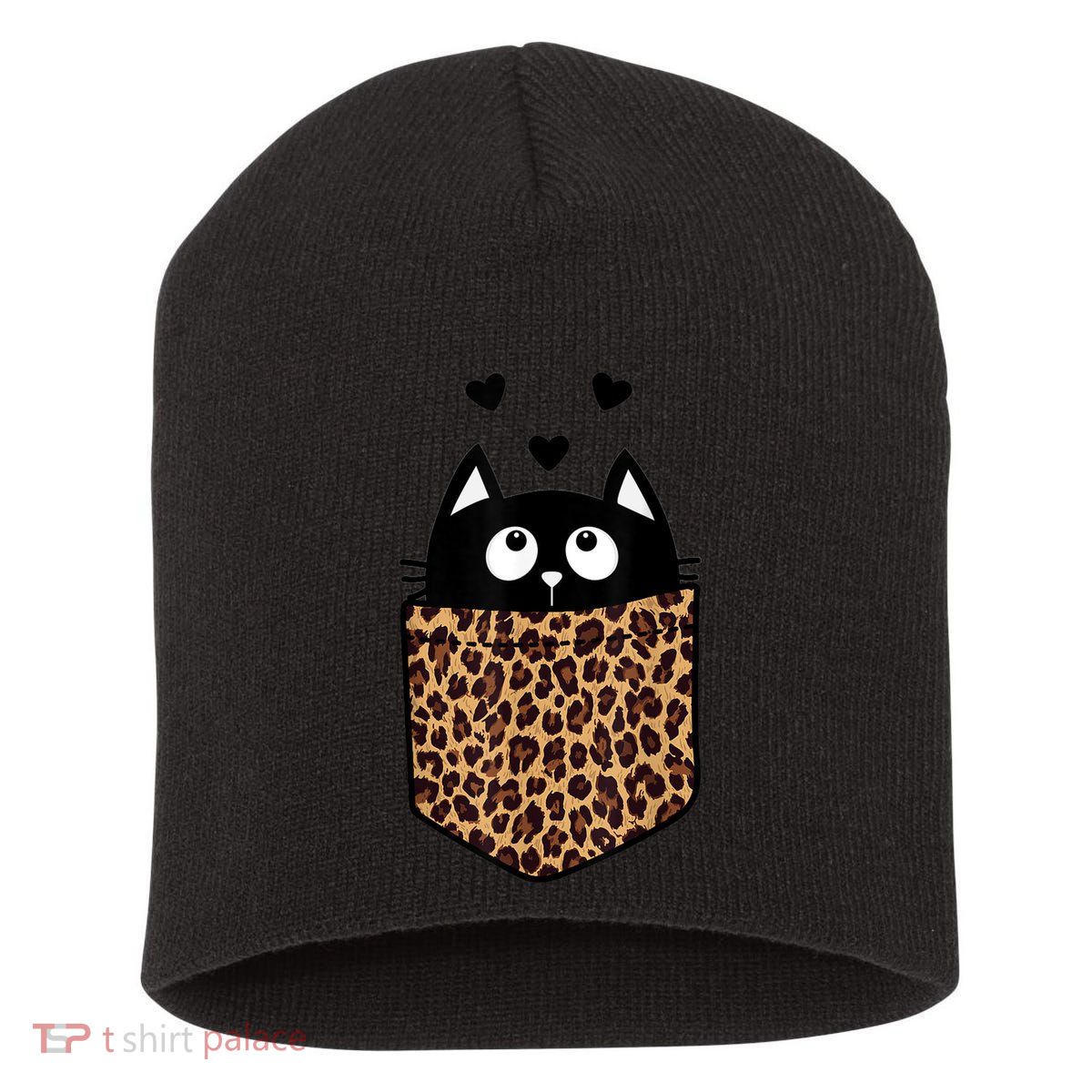 Black Cat Kitty In Leopard Pocket Halloween Costume Girl Boy Short Acrylic Beanie