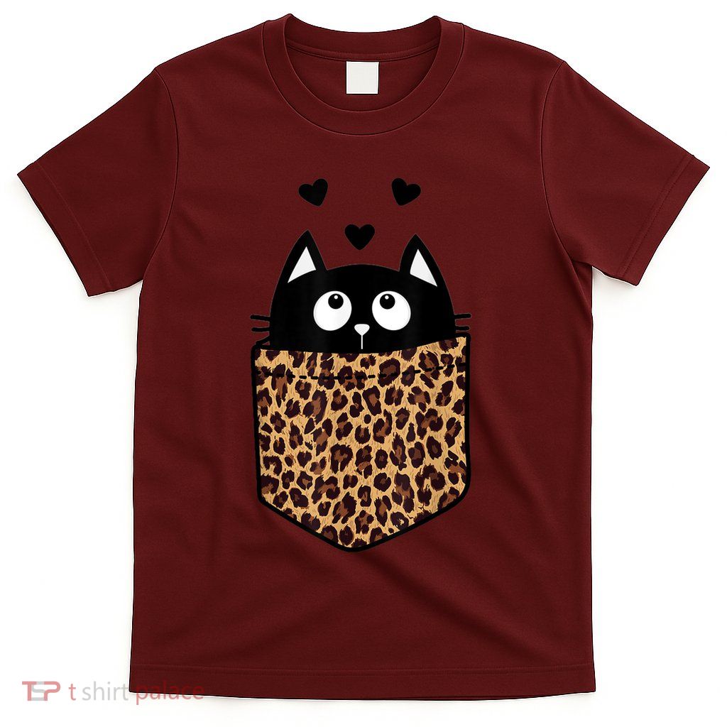 Black Cat Kitty In Leopard Pocket Halloween Costume Girl Boy T-Shirt