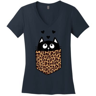 Black Cat Kitty In Leopard Pocket Halloween Costume Girl Boy Women's V-Neck T-Shirt