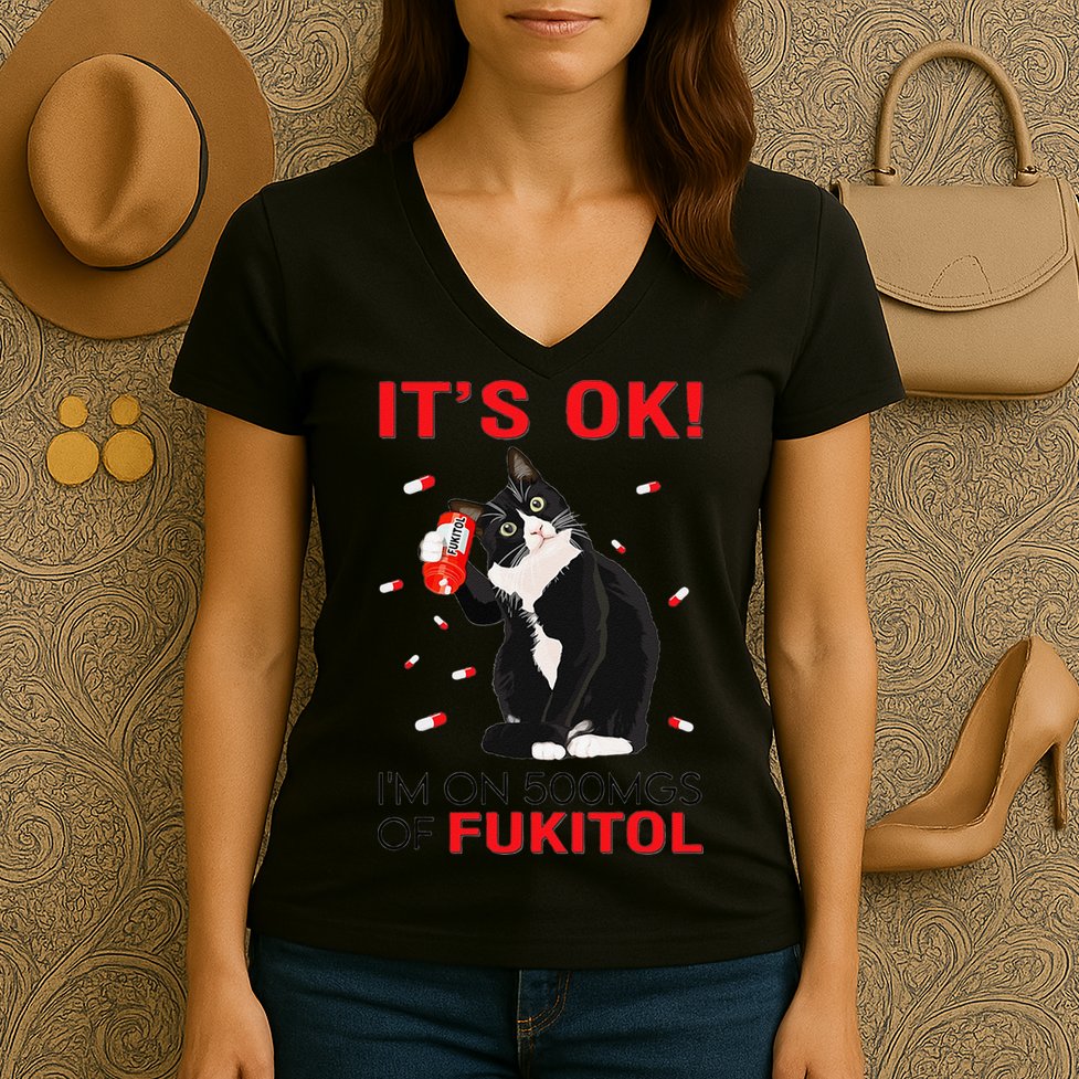 Black Cat Kitten Its Ok Im On 500mgs Of Fukitol Women's V-Neck T-Shirt