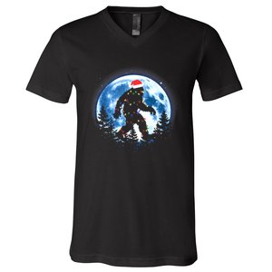 Bigfoot Christmas Lights Santa Hat Sasquatch Moon Xmas V-Neck T-Shirt