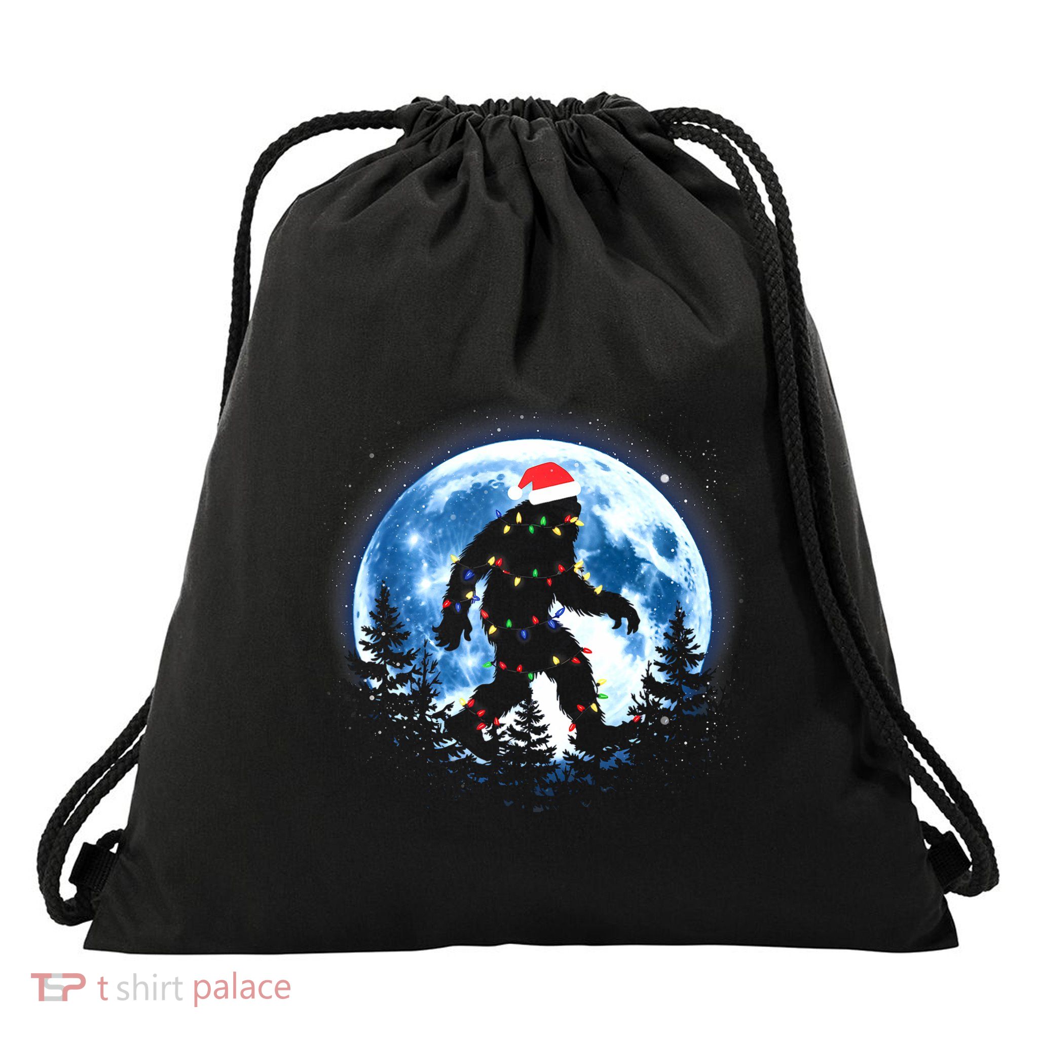 Bigfoot Christmas Lights Santa Hat Sasquatch Moon Xmas Drawstring Bag