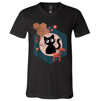 Black Cat Lover Japanese Kitten Anime Tokyo Otaku Lifestyle V-Neck T-Shirt