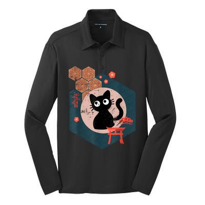 Black Cat Lover Japanese Kitten Anime Tokyo Otaku Lifestyle Silk Touch Performance Long Sleeve Polo