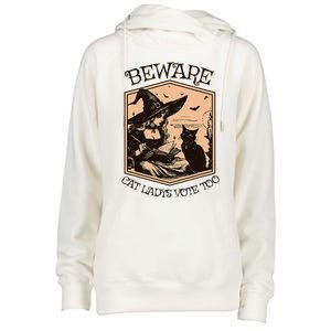 Beware Cat Ladies Vote Too Kamala Harris Halloween Witch Womens Funnel Neck Pullover Hood