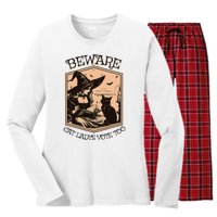 Beware Cat Ladies Vote Too Kamala Harris Halloween Witch Women's Long Sleeve Flannel Pajama Set 