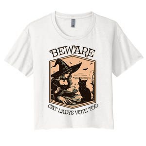 Beware Cat Ladies Vote Too Kamala Harris Halloween Witch Women's Crop Top Tee