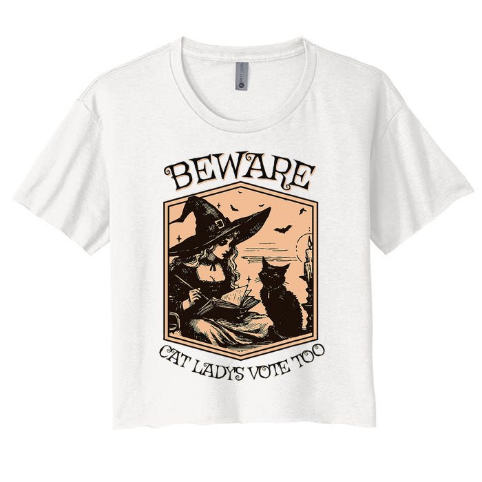 Beware Cat Ladies Vote Too Kamala Harris Halloween Witch Women's Crop Top Tee