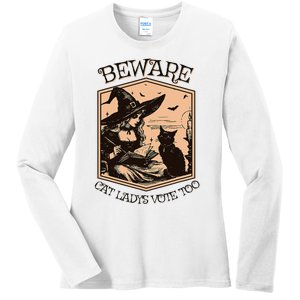 Beware Cat Ladies Vote Too Kamala Harris Halloween Witch Ladies Long Sleeve Shirt