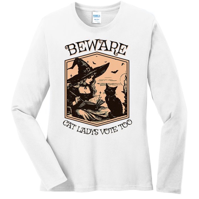 Beware Cat Ladies Vote Too Kamala Harris Halloween Witch Ladies Long Sleeve Shirt