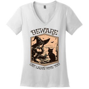 Beware Cat Ladies Vote Too Kamala Harris Halloween Witch Women's V-Neck T-Shirt