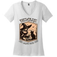 Beware Cat Ladies Vote Too Kamala Harris Halloween Witch Women's V-Neck T-Shirt