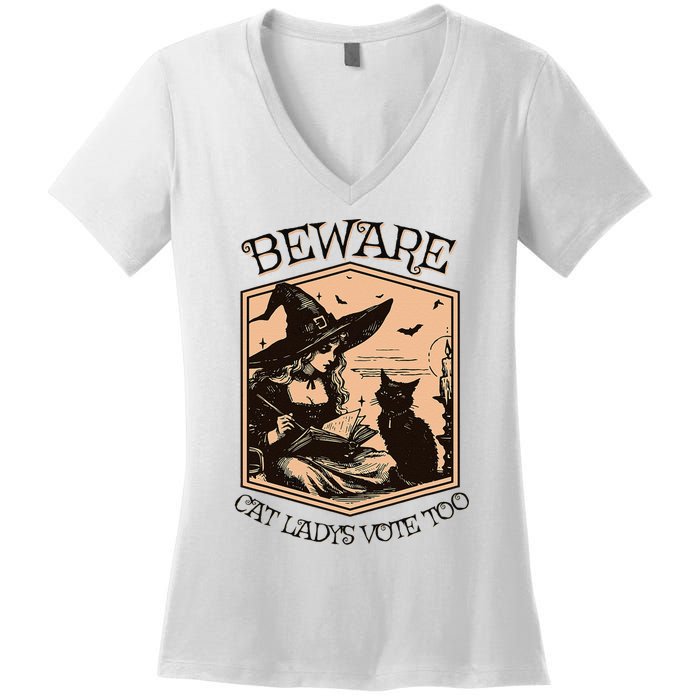 Beware Cat Ladies Vote Too Kamala Harris Halloween Witch Women's V-Neck T-Shirt