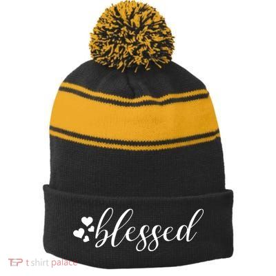 Blessed Cute Love Hearts Stripe Pom Pom Beanie