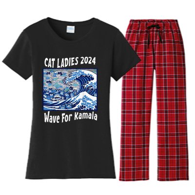 Blue Cat Ladies 2024 Wave For Kamala Funny Women's Flannel Pajama Set