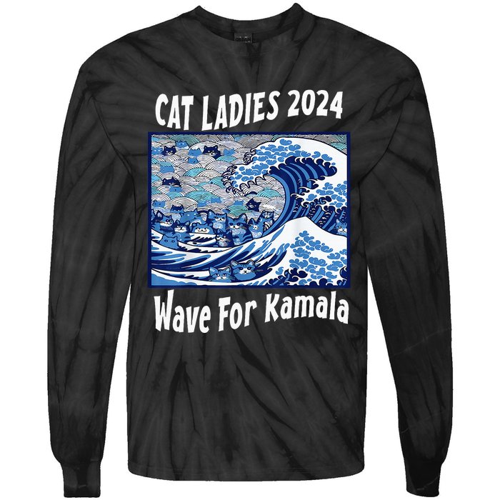 Blue Cat Ladies 2024 Wave For Kamala Funny Tie-Dye Long Sleeve Shirt