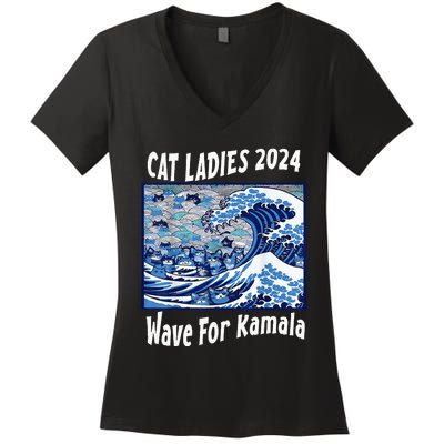 Blue Cat Ladies 2024 Wave For Kamala Funny Women's V-Neck T-Shirt