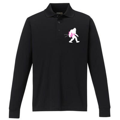 Bigfoot Carrying Lawn Flamingo Funny Sasquatch Gift Performance Long Sleeve Polo