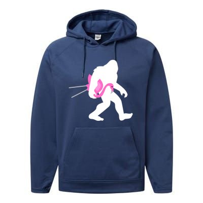 Bigfoot Carrying Lawn Flamingo Funny Sasquatch Gift Performance Fleece Hoodie