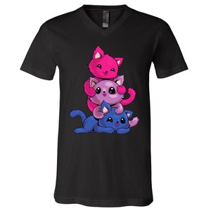 Bisexual Cat LGBT Kawaii Anime Kitten Bi Pride Flag V-Neck T-Shirt