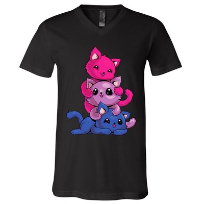 Bisexual Cat LGBT Kawaii Anime Kitten Bi Pride Flag V-Neck T-Shirt