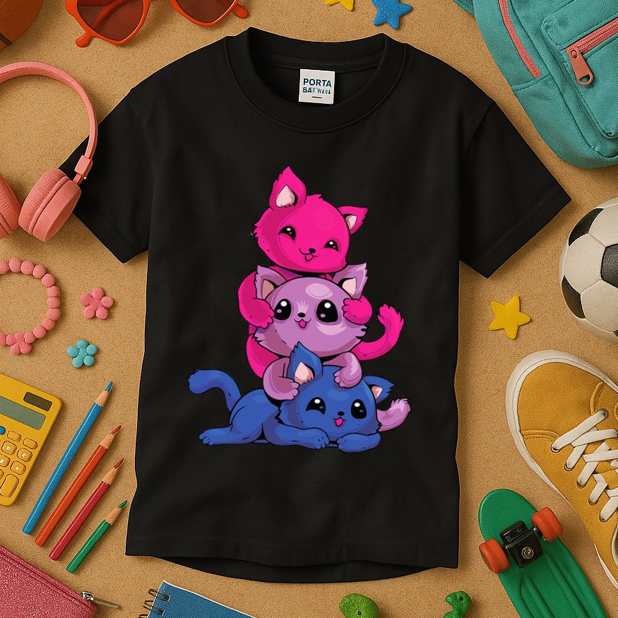Bisexual Cat LGBT Kawaii Anime Kitten Bi Pride Flag Kids T-Shirt
