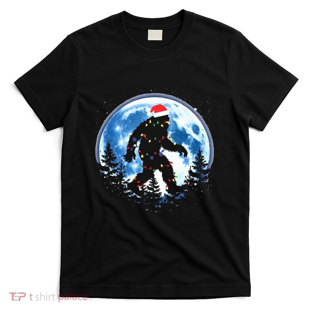 Bigfoot Christmas Lights Santa Hat Sasquatch Moon Xmas T-Shirt