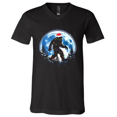 Bigfoot Christmas Lights Santa Hat Sasquatch Moon Xmas V-Neck T-Shirt