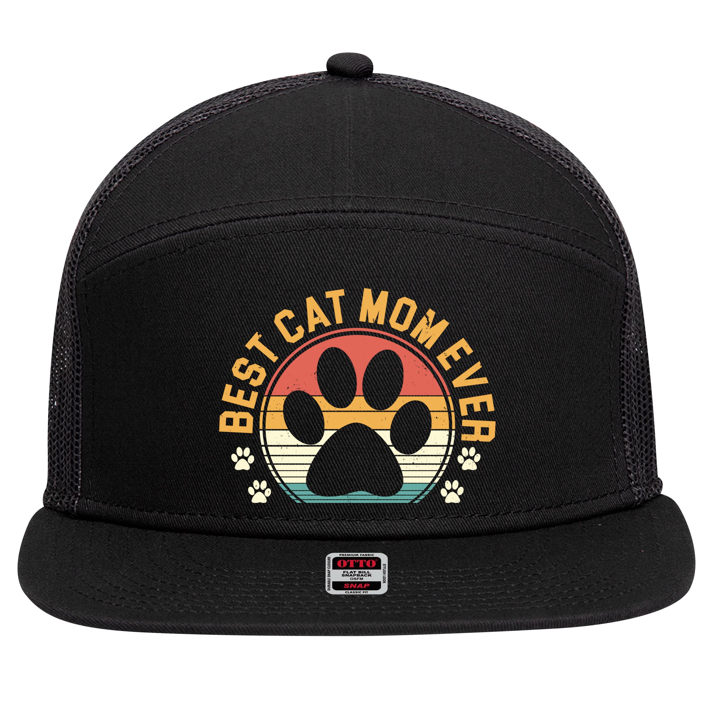 Best Cat Mom Ever Retro Sunset 7 Panel Mesh Trucker Snapback Hat