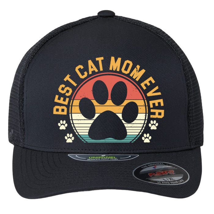 Best Cat Mom Ever Retro Sunset Flexfit Unipanel Trucker Cap